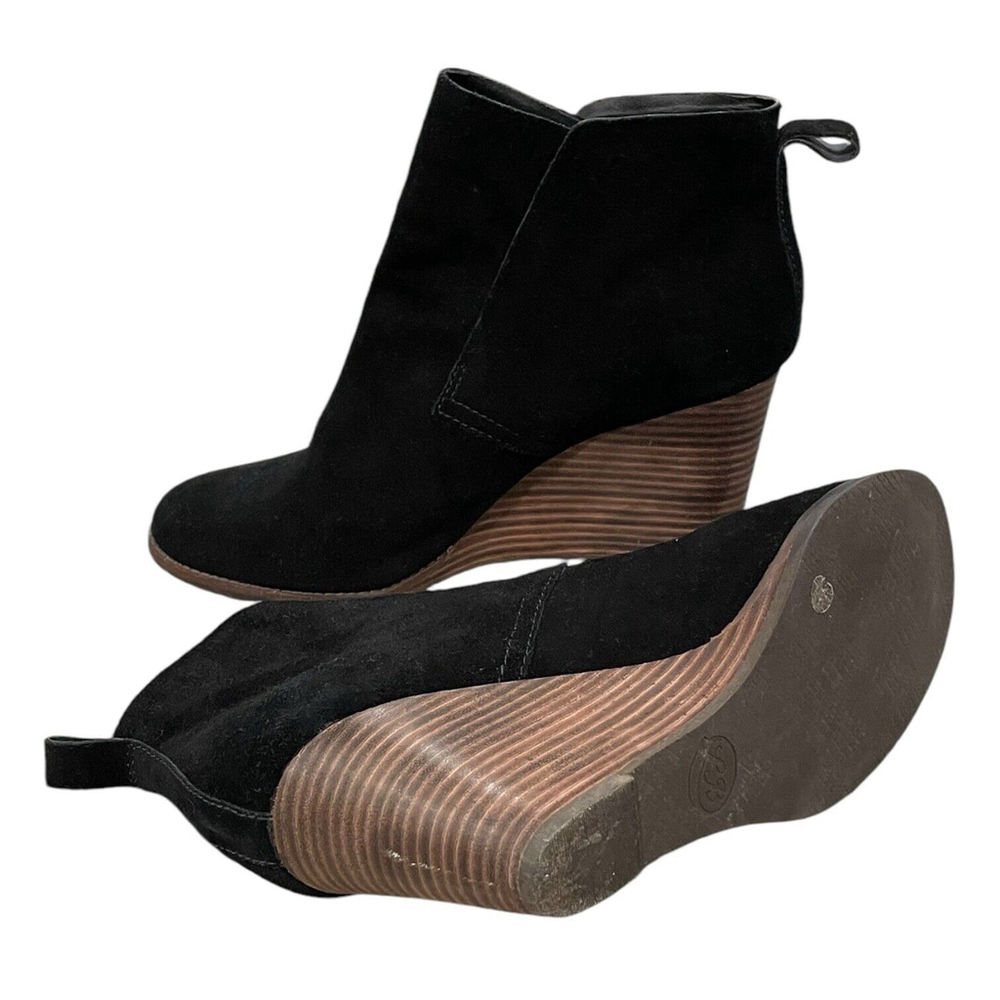 Lucky Brand Women 10 Yameena Bootie Wedge Ankle Boot Pull On Black Oiled Suede
